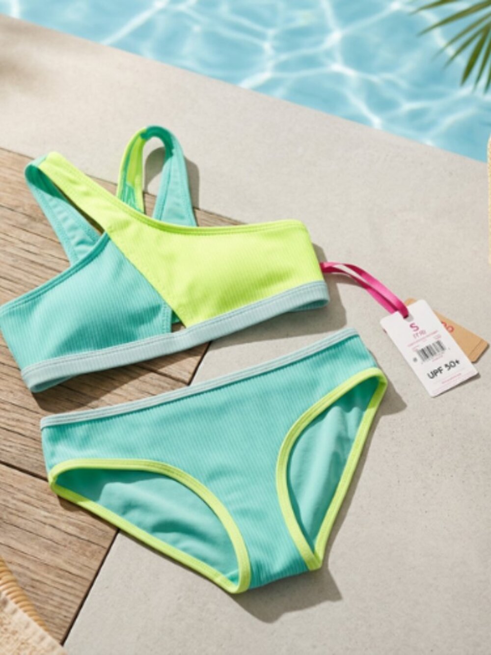 Justice Girls UPF 50+ Ribbed Bikini Swimsuit Teal Neon Green Size S (7/8) NWT